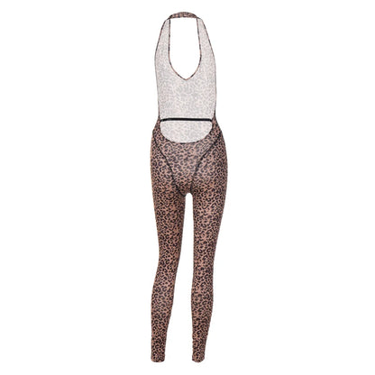Hugcitar Leopard Print Halter Backless Slip Sexy Bodycon Jumpsuit 2025 Spring Summer Casual Outfits Streetwear Festival Romper