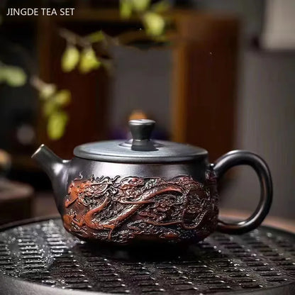 Purple Pottery Relief Teapot Hand-carved Dragon Pattern Beauty Kettle Traditional Ball Hole Filter Pot Chinese Zisha Tea Set