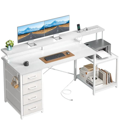 55 Inch Computer Desk with 4 Drawers, Office Desk with Power Outlets, Printer Shelf amp Storage Shelves, Large Writing Study Ta