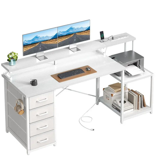 55 Inch Computer Desk with 4 Drawers, Office Desk with Power Outlets, Printer Shelf amp Storage Shelves, Large Writing Study Ta
