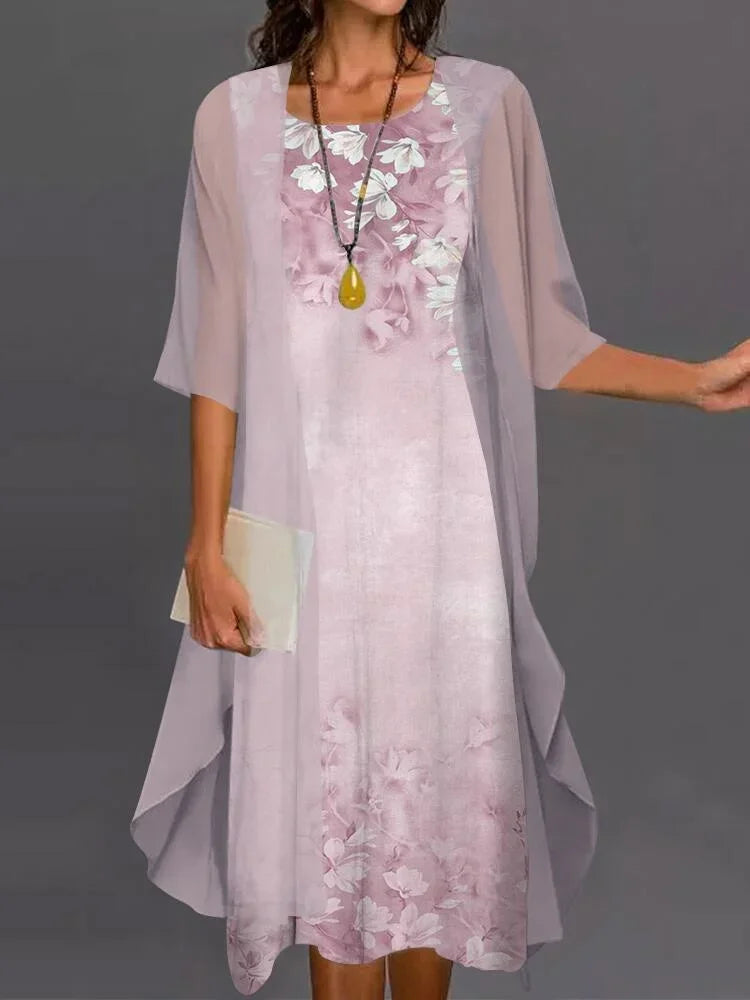 Fashion Women Chiffon Summer Sleeveless O-Neck Print Loose Party Dresses +Cardigan Shawl Elegant Casual Lady Two Piece Set Dress