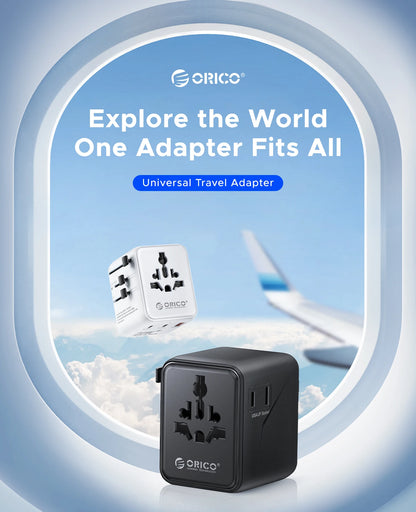 ORICO Universal Travel Adapter Worldwide All-in-One 20W GaN with AC Outlet USB A Type C Dual 10A Fuses Fast Charging EU US UK AU