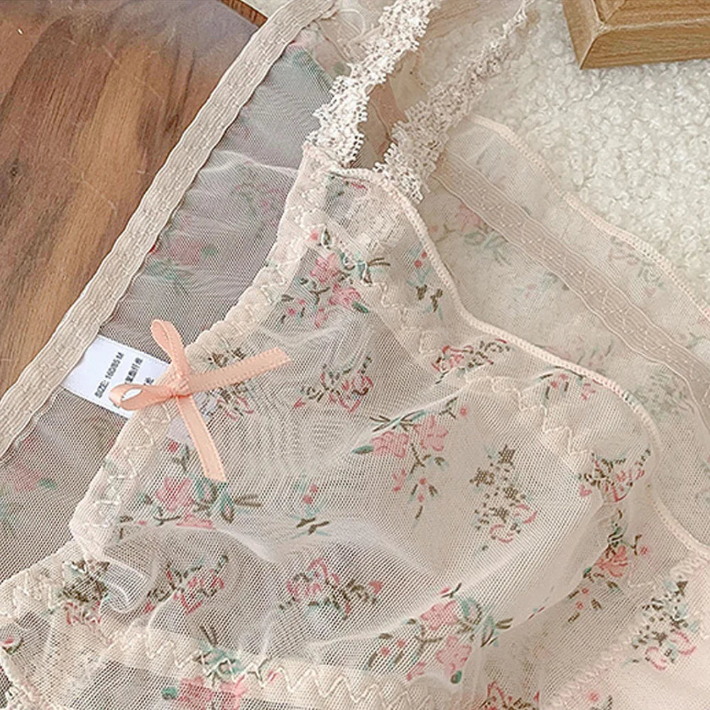 Women's Panties Cross Waistband Hipsters Low Rise Lace Strappy Panties Transparent Mesh Floral Pattern Sweet Bowknot Sexy Female