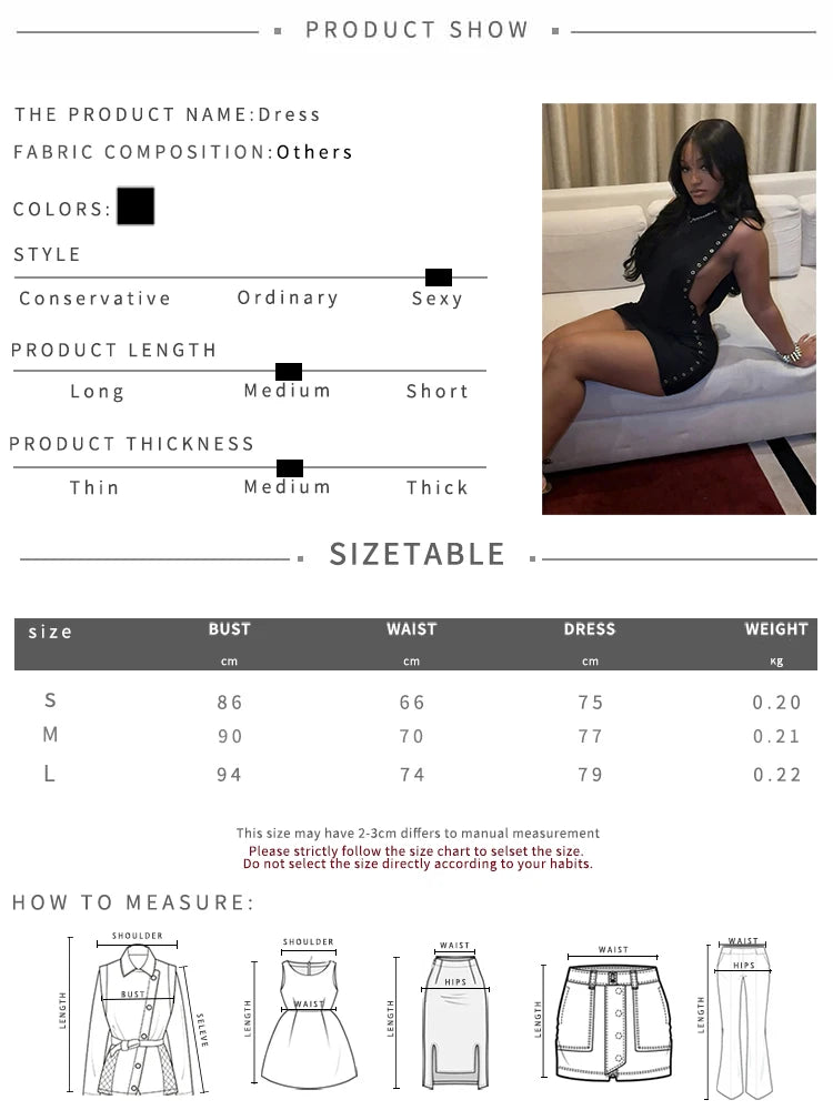Kliou Side Hollow Design Mini Dress Woman o-Neck Sleeveless Metal Rings Decoration Skinny Peach Hip Midnight Club Party Bodycon