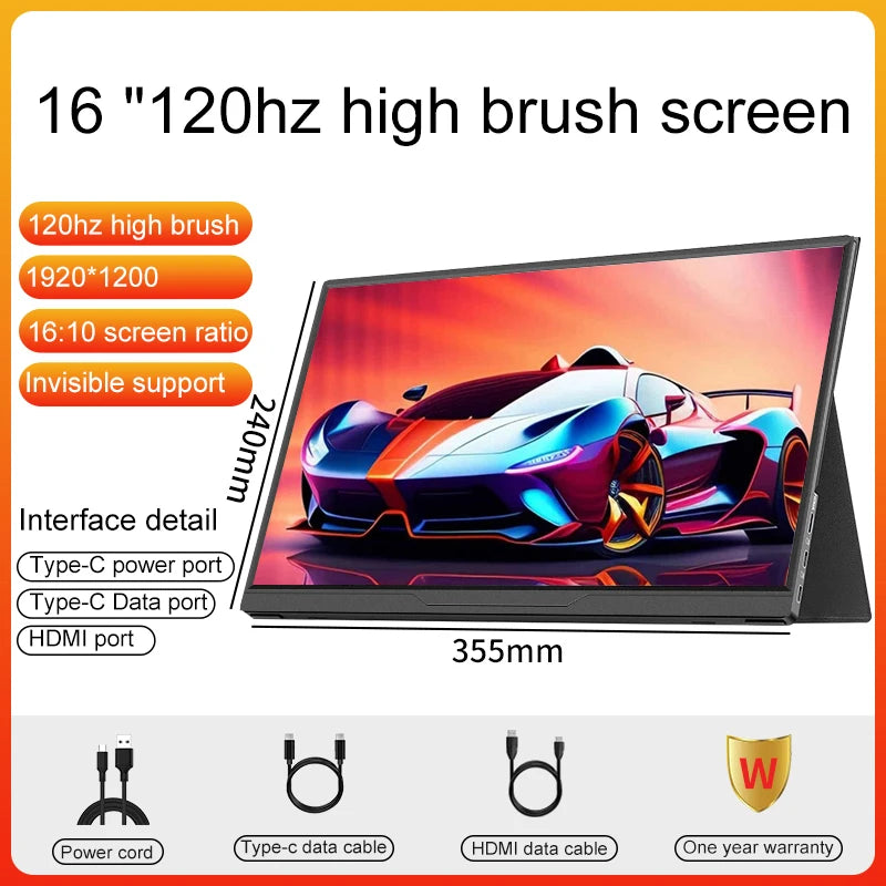 16inch Portable Monitor 2.5K/120HZ/100%sRGB  For Laptop XBox PS4 / 5 Switch Cell Phone Computer Extension Gaming  Travel Screen
