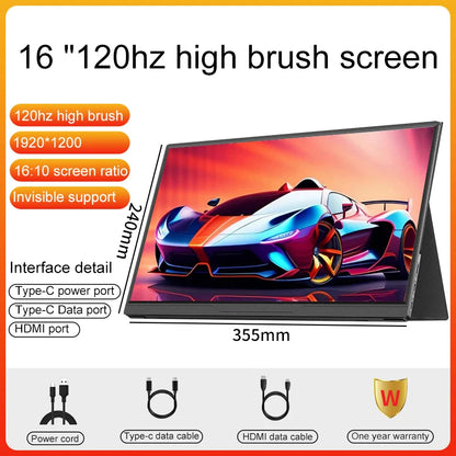 16inch Portable Monitor 2.5K/120HZ/100%sRGB  For Laptop XBox PS4 / 5 Switch Cell Phone Computer Extension Gaming  Travel Screen