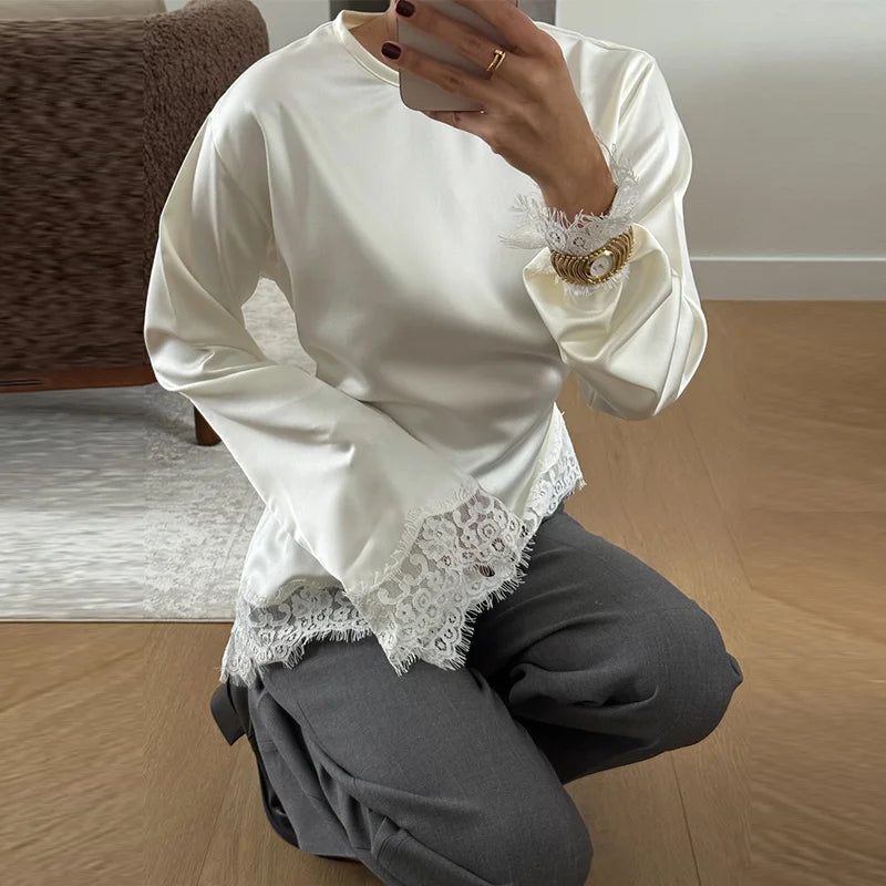 Tie Up Lace Women's Top Sexy O-neck Patchwork Irregular Full Sleeves Blouse Female 2026 Spring Fashion All Match Woman Shirts