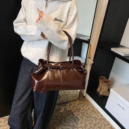 Women's Vintage Glossy Oil Wax Leather Tote Bag Buckle Casual Shoulder Handbag Elegant Work Bag for Daily Commute Top-handle Sac