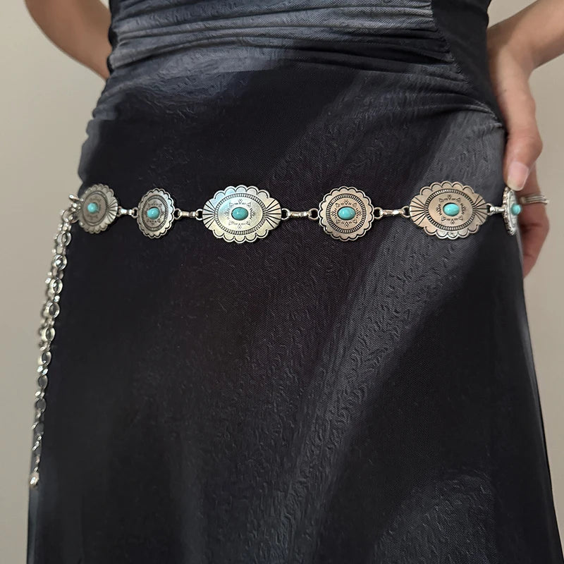 Fashion Silver Bohemian female circular waist chain luxury blue gemstone Ellipse chain belts for women suitable for Skirts dress