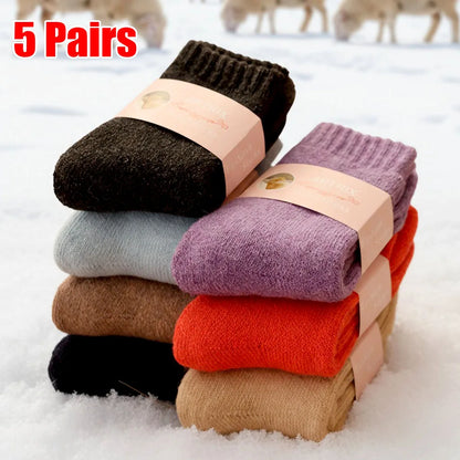 5 Pairs Winter Super Thicker Warm Socks Wool Women Socks New Solid Merino Wool Socks Against Cold Snow Men Terry Sock Size 36-42