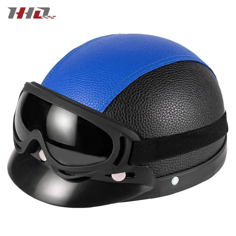 Retro Leather Half Helmet with Ear & Neck Protection - All-Season Cycling Safety Helmet