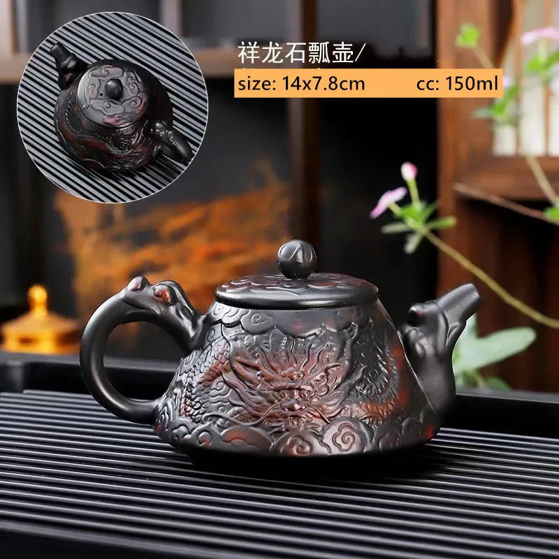 Purple Pottery Relief Teapot Hand-carved Dragon Pattern Beauty Kettle Traditional Ball Hole Filter Pot Chinese Zisha Tea Set