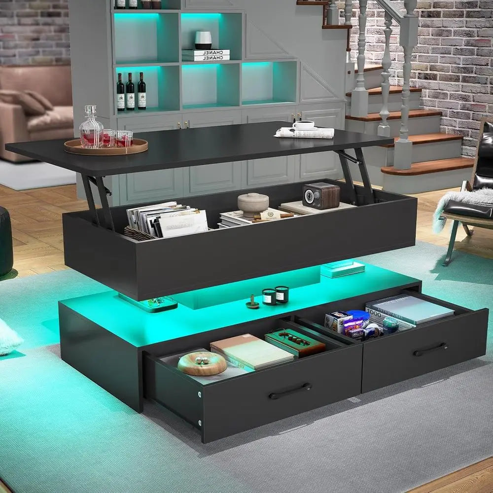 40in LED-Illuminated Coffee Table with Storage for Living Room, Compact with 2 Drawers, Black