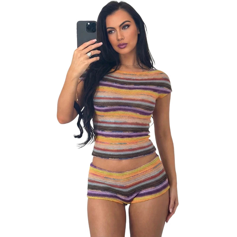Weird Puss Casuals Striped print 2 Piece Set Women Chic Slash Neck Short Sleeve Tank Top+Bike Shorts Simple Fashion Streetwear