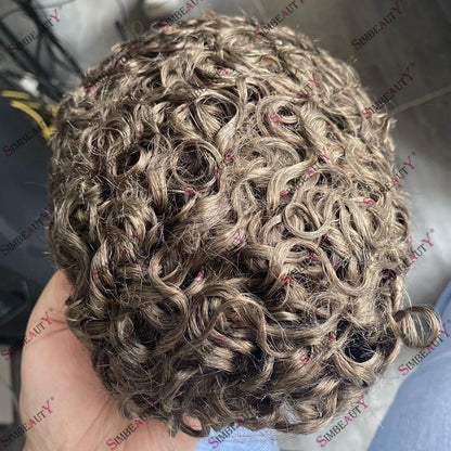 Microskin 0.06mm-0.08mm PU Base Natural Hairline Men's Curly Blonde Human Hair Wig Hair Replacement Capillary Prosthesis Toupee