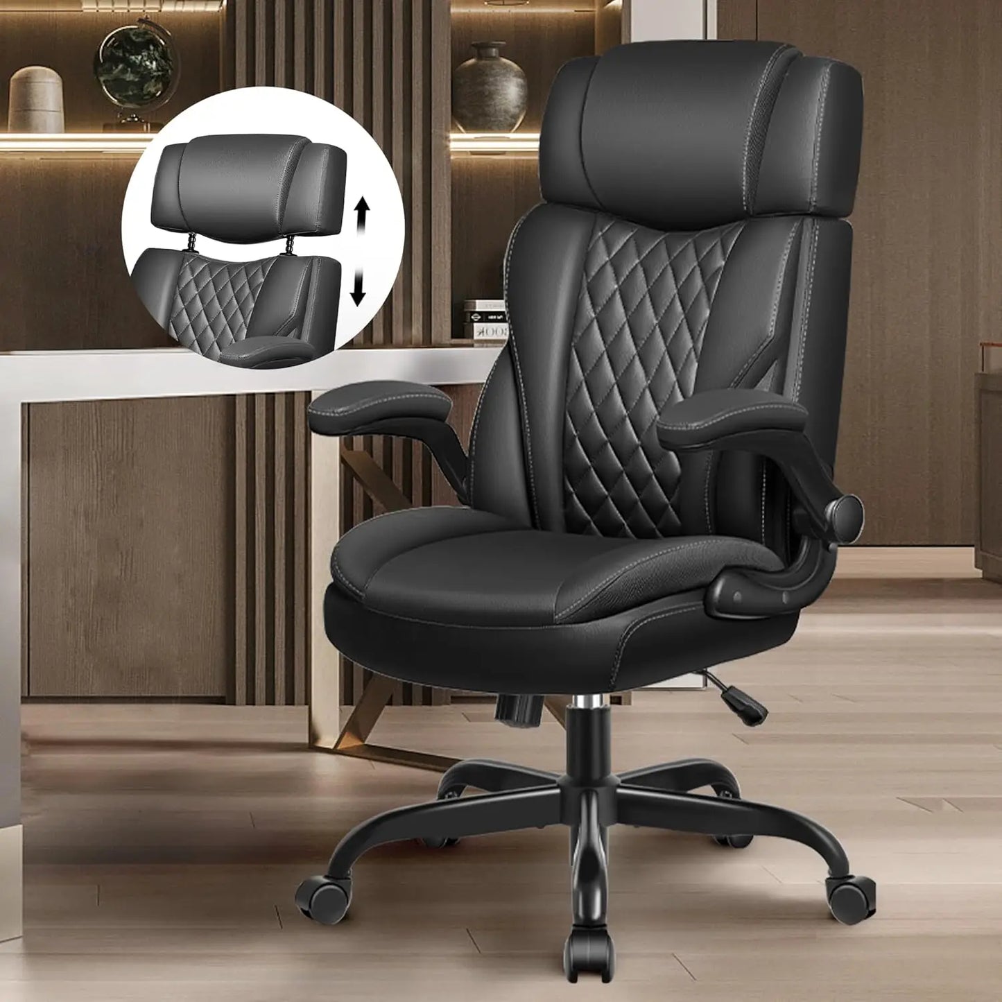 Office Chair Flip Up Arms, Executive Leather Office Chair Ergonomic Desk Chair with Lumbar Support, Adjustable, Customized