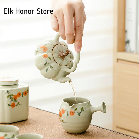 140ml Pure Hand-painted Persimmon Lifting Beampot Retro Plant Ash Pumpkin Pot Chinese Tea Soaking Kettle with Filter Kung Fu Tea