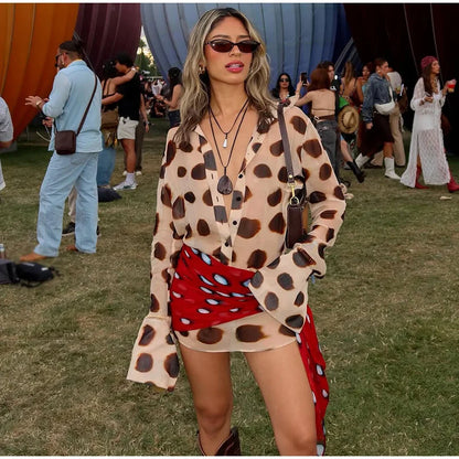 2026 Women Chic Vacation Outfits Fashion Leopard Print Sheer Chiffon Shirt Casual Turn-down Collar Mini Dress & Detachable Scarf