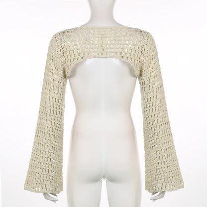 Long Sleeve Crochet Crop Top Summer Knit Hollow Out Mesh Cover Ups 2024 Women‘s Y2k Crochet Tops Pullover Streetwear