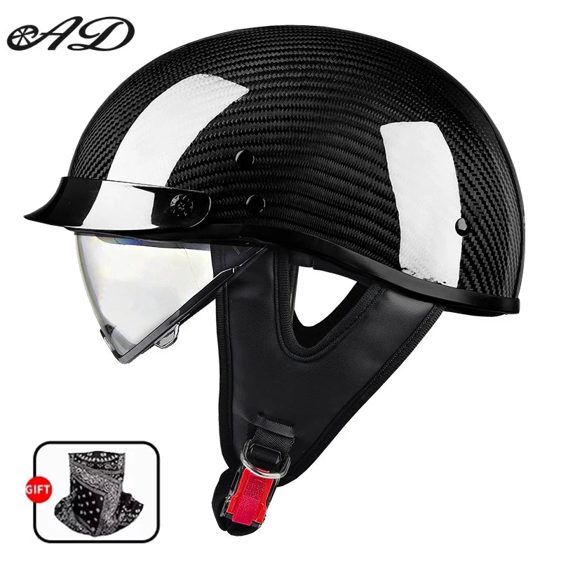   Best Seller Carbon Fiber Retro Motorcycle Half Face Helmet with Comfortable Lining Protective Goggles Helmet Factory Wholesale