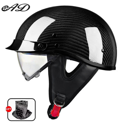    Best Seller Carbon Fiber Retro Motorcycle Half Face Helmet with Comfortable Lining Protective Goggles Helmet Factory Wholesale