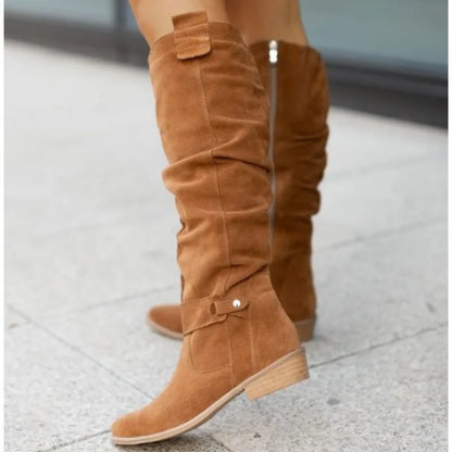 long women's boots Low Heel Side Zip Size 43 Suede Thigh High Women's Boots Retro Woman Booties Autumn Winter Knee High Boots