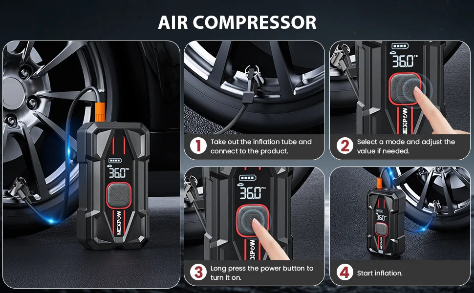 NEXPOW 3000A Car Jump Starter & Air Compressor - 12V 59.2Wh Portable Battery Booster with PD 30W Fast Charge, 150PSI Air Pump, S