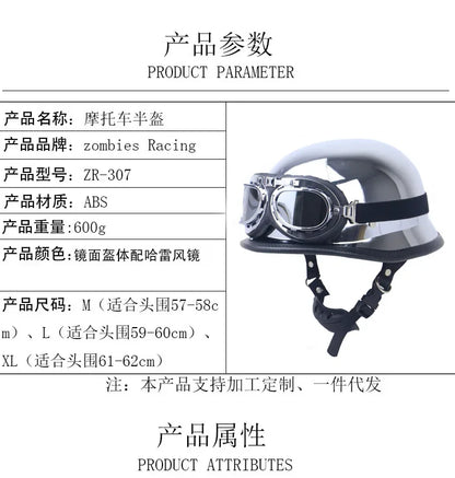 DOT Chrome Silver Mirror Color Motorcycle Helmet German Motorcycle Half Helmet Chopper Biker Pilot Helmet with Free Goggle