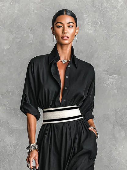 New Patchwork Fashion Dress Turn-down Collar 2026 Spring Summer Office Ladies Button Female Women Casual Loose Female Dress S209