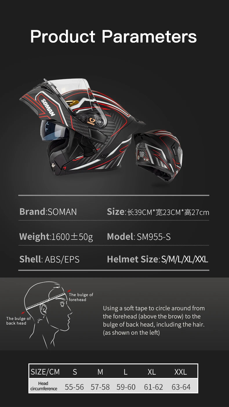 SOMAN Full Face Helmet Dual Lens Flip Up Motorcycle Helmets Casco Accessories Men Women Casque Moto Racing DOT Approved Visor