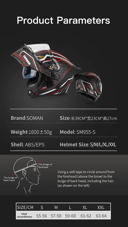 SOMAN Full Face Helmet Dual Lens Flip Up Motorcycle Helmets Casco Accessories Men Women Casque Moto Racing DOT Approved Visor