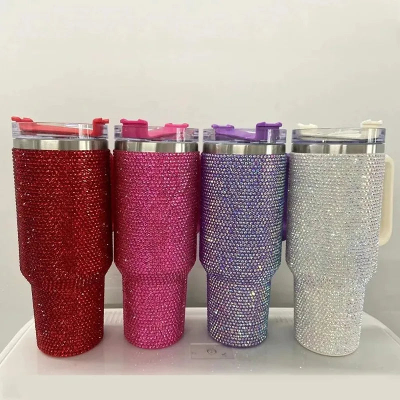40oz Rhinestone Tumbler Stainless Steel Straw Women Cup Shiny Diamond Travel Car Thermoses Coffee Mug Water Bottle Drinkware