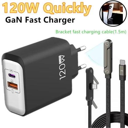 120W PD Fast Charger Type C Quick Charge USB C Wall Charger Adapter For iPhone 17 16 15 Samsung Xiaomi OPPO 2-in-1 Data Cable﻿﻿
