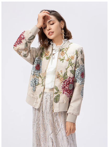 Luxury Beaded Embroidered Jacquard Bomber Jacket Women 2025 New Fashion Casual Chic Baseball Coat Elegant Versatile Outerwear