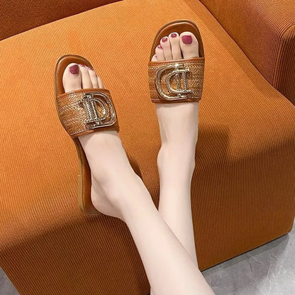 Women Luxury Decor Weave Design Flat Sandals Fashion Open-toe Vacation Casual Slides Party Sexy Elegant Office-Ladies New Shoes