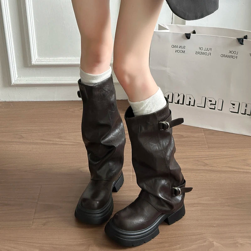 Women Double Buckle Slouch Knee High Boots Round Toe Platform Thick Sole Leather Tall Boots Street Casual Daily Ladies Boots