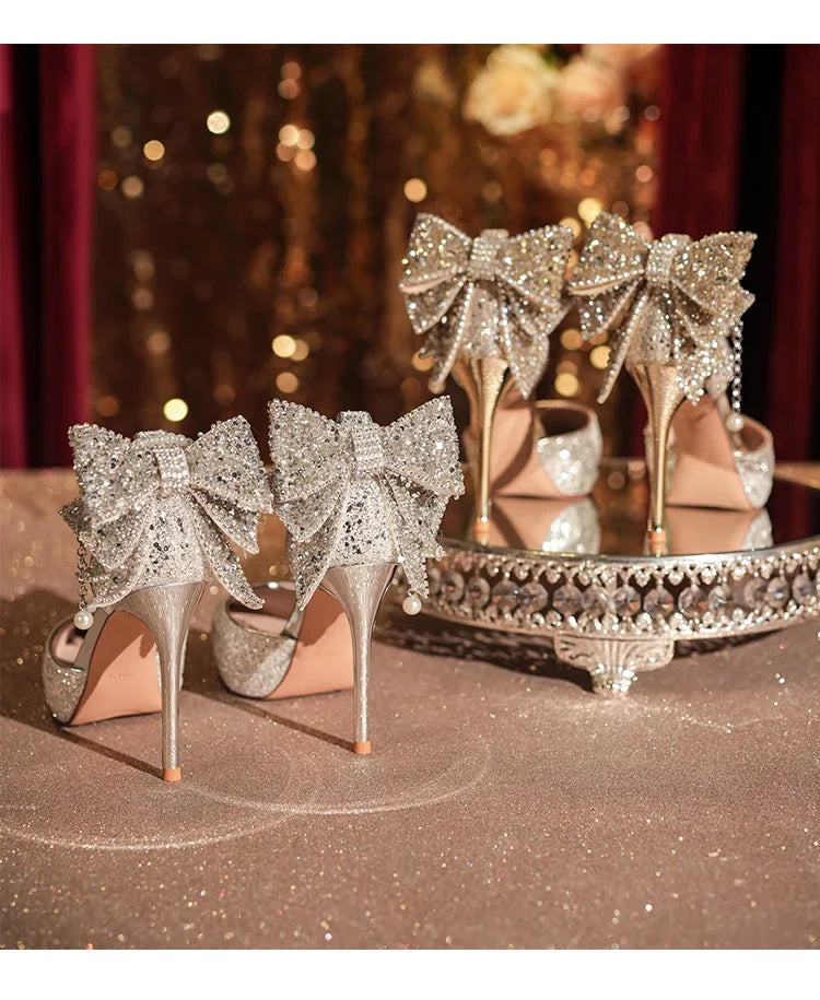 Shiny Glitter Bow Pearl Chain High Heels Wedding Banquet Dress Wedding Shoes Women's Shoes