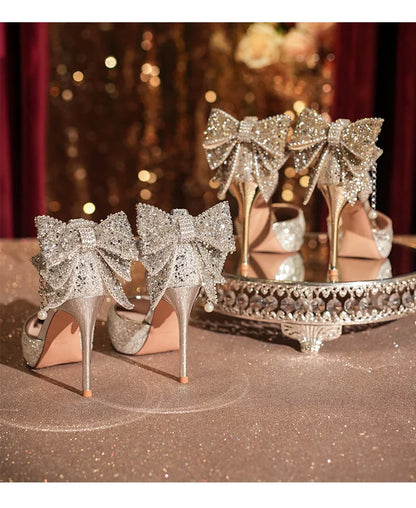 Shiny Glitter Bow Pearl Chain High Heels Wedding Banquet Dress Wedding Shoes Women's Shoes