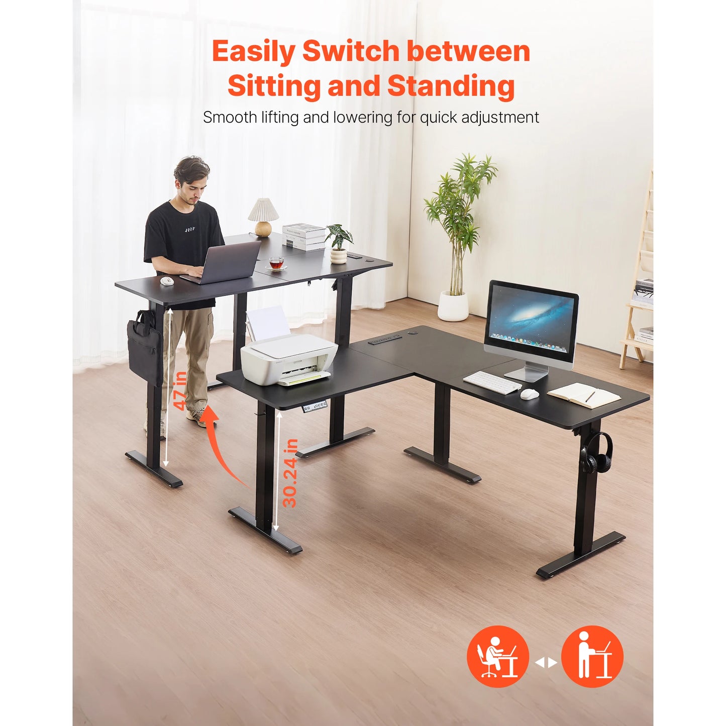 SucceBuy L Shaped Desk Electric Adjustable Height Corner Gaming Desk with Dual Hooks and Wheels for Home Office Easy to Assemble