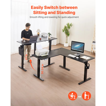 SucceBuy L Shaped Desk Electric Adjustable Height Corner Gaming Desk with Dual Hooks and Wheels for Home Office Easy to Assemble
