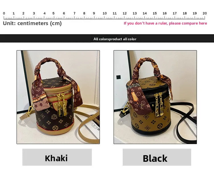 Stylish Printed Bucket Bag with Scarf Detachable Strap Shoulder Crossbody Bag for Women