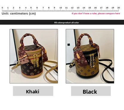 Stylish Printed Bucket Bag with Scarf Detachable Strap Shoulder Crossbody Bag for Women