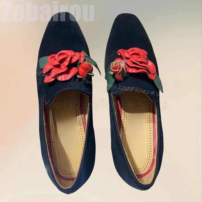 Red Appliques Decor Black Square Toe Flock Loafers Fashion Slip On Men Shoes Luxurious Handmade Party Banquet Men Casual Shoes
