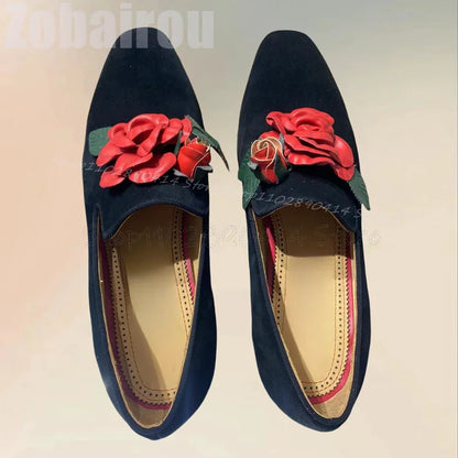 Red Appliques Decor Black Square Toe Flock Loafers Fashion Slip On Men Shoes Luxurious Handmade Party Banquet Men Casual Shoes
