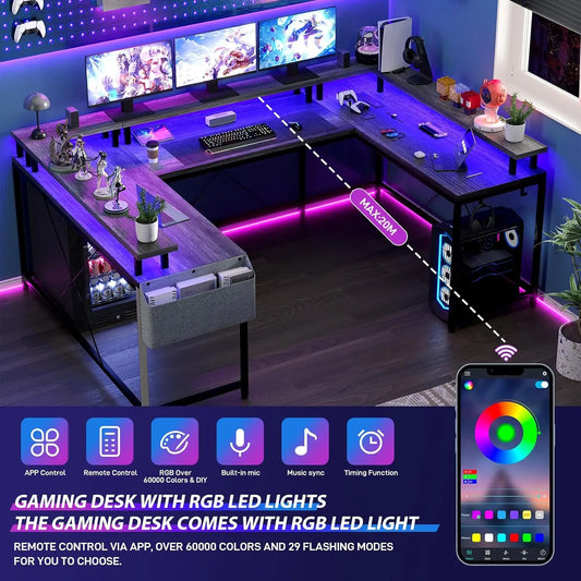 U Shaped Gaming Desk with Monitor Stand Storage Shelves, Corner Computer Desk with 2 Power Outlet Adjustable RGB Color LED Light