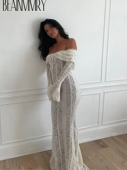 White Sexy Lace Flare Sleeve Dress Off Shoulder Slim Maxi Dresses Women 2024 Female Hollow Out Mermaid Floor Length Elegant Robe