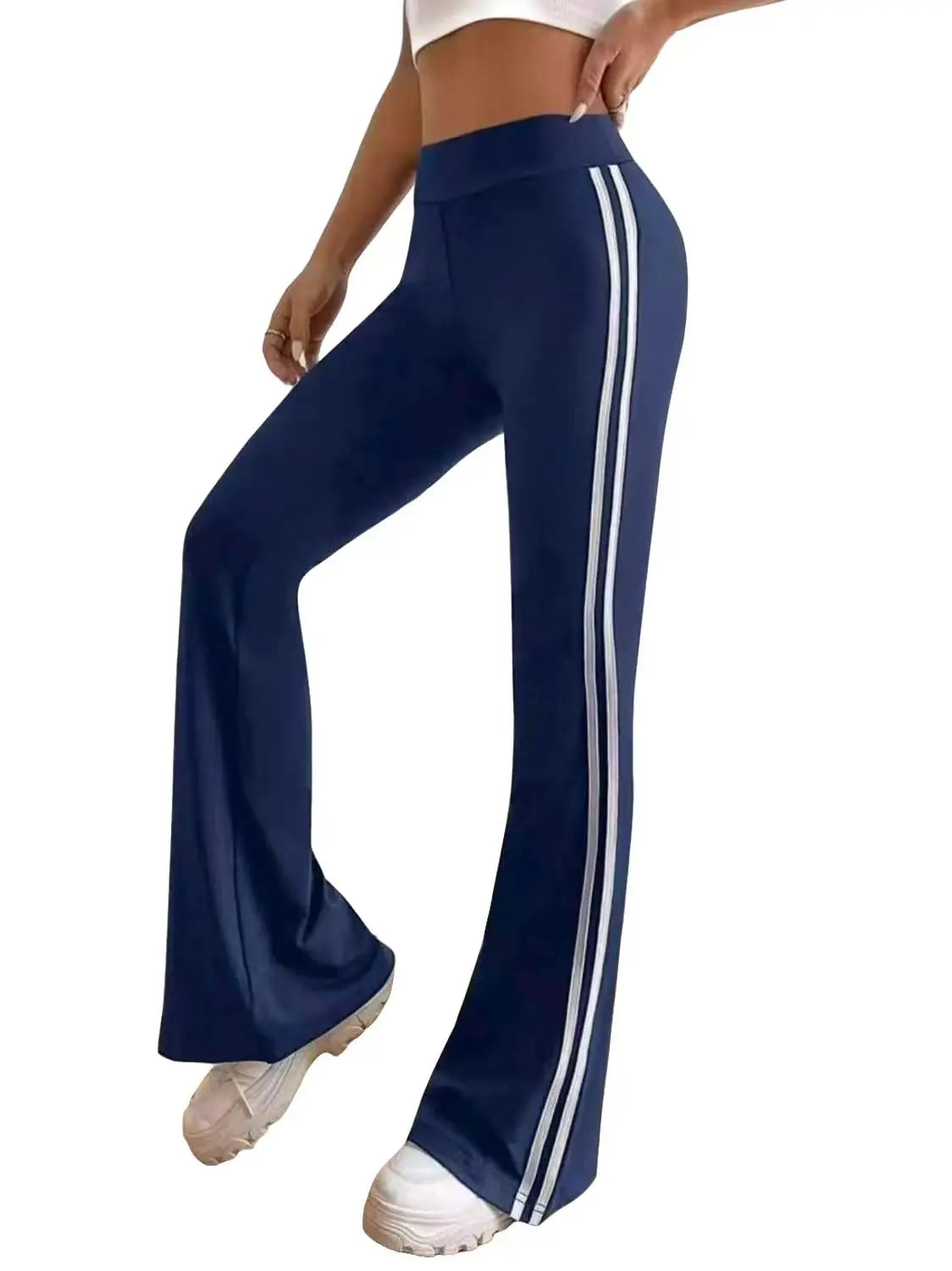 Women's Casual Sports Flared Pants, Side Stripe Design, High-Waisted and Hip-Lifting, Suitable for All Seasons, Slim-Fit Long Pants