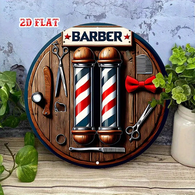 A 2D flat barber shop circular wooden sign - a return design style for homes, garages, restaurants, and cafes