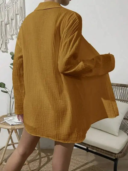 100% Cotton Gauze Muslin Sets For Women 2 Pieces Long Sleeve Shirts And Loose High Waist Mini Shorts Sets Ensemble Femme