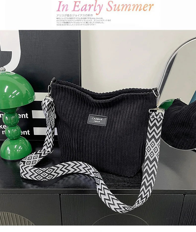 Solid Color Corduroy Messenger Bag Versatile Handbag Women Shoulder Crossbody Bags Casual Chic Bucket Women‘s Bag Bolsos Mujer